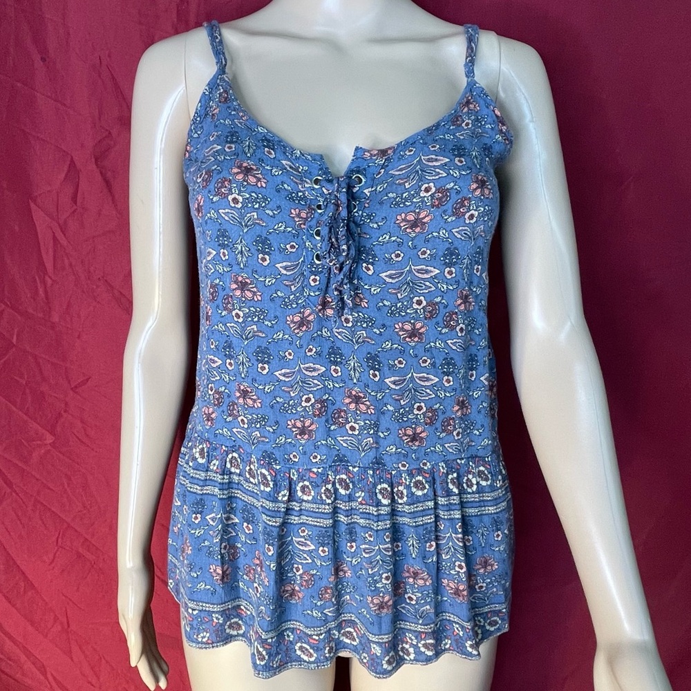 American Eagle Outfitters Floral Gauze Spaghetti Strap Peplum Top Small